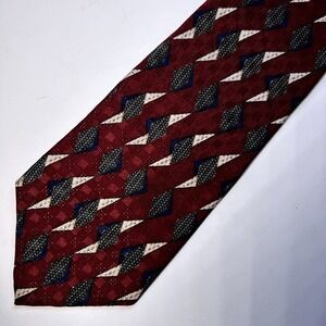 Vintage Albert Nipon Mens Silk Tie Burgundy Navy Blue Geometric Diamond USA 4"